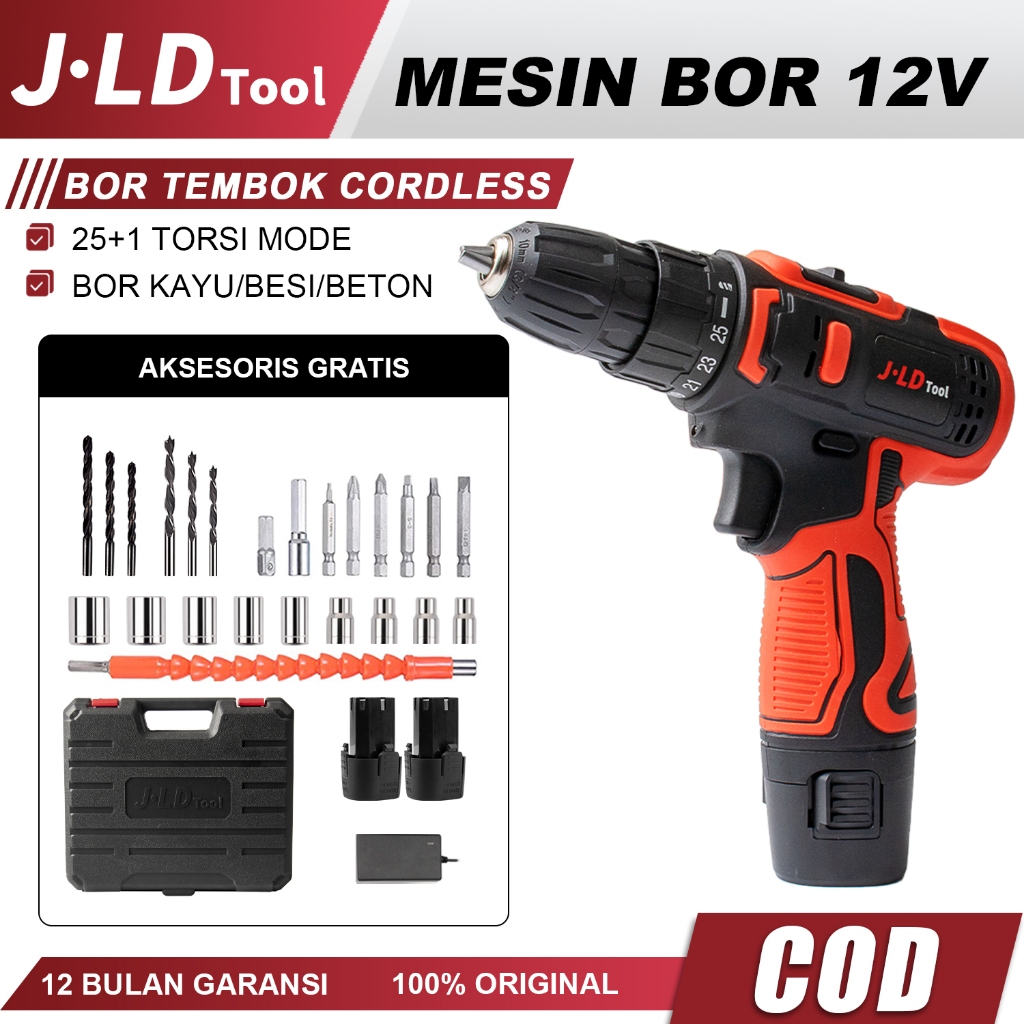 JLD 12Vf Mesin Bor Baterai Murah Berkualitas Bor Cas Jld Bor Case 2 Batre Fullset Portable 25+1 Cord