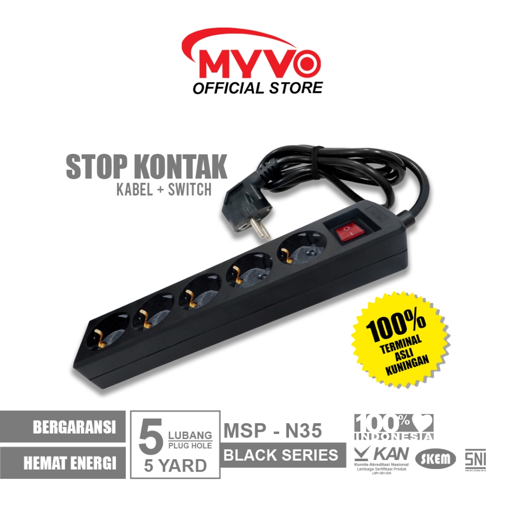 MYVO Stop Kontak 5 Lubang 5 Yard MSP-N35 Hitam Asli Kuningan