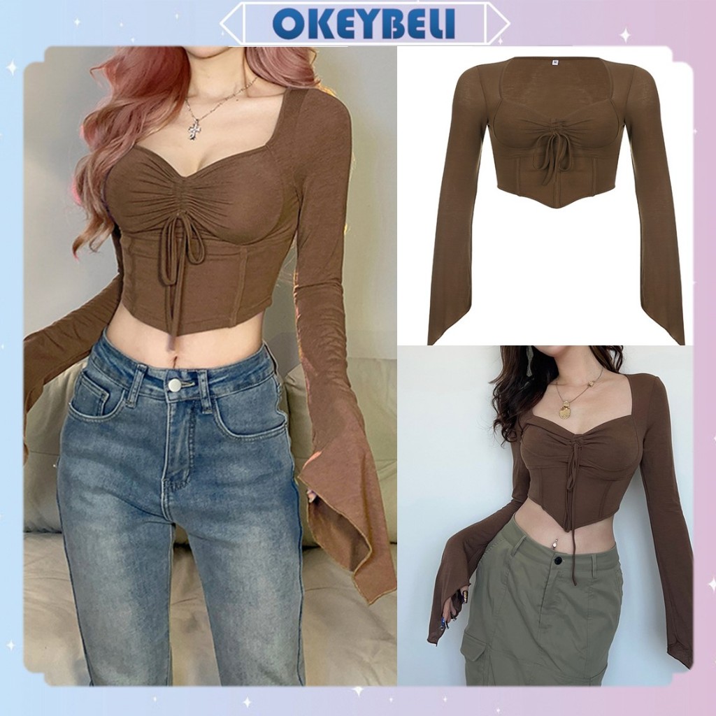 •OKEY BELI•BJ1555 Baju Atasan Sexy Square Neck Asymetric Long Sleeve Crop Top Korea Lengan Panjang