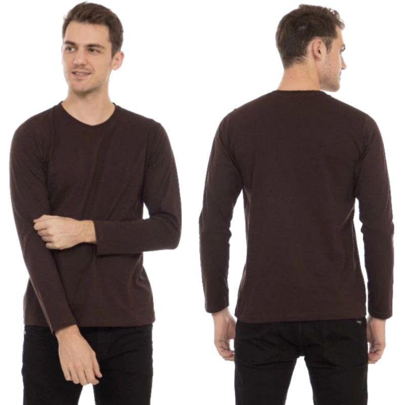 Kaos Polos Pria dan Wanita Warna Coklat Tua Lengan Panjang Leher O-Neck 30s