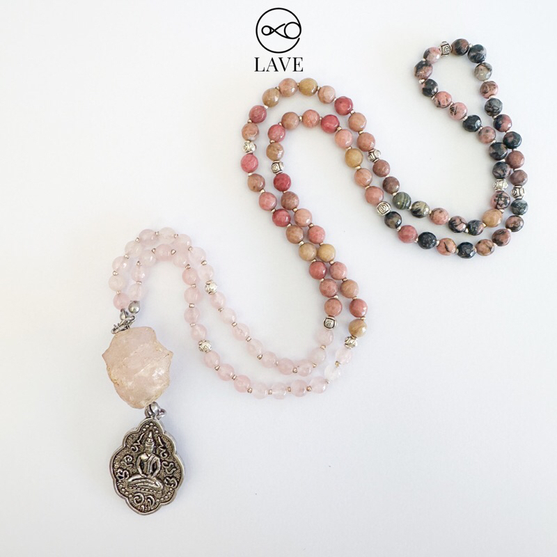 Rose Quartz Rhodochrosite Rhodonite Crystal Mala Necklace 108 Beads