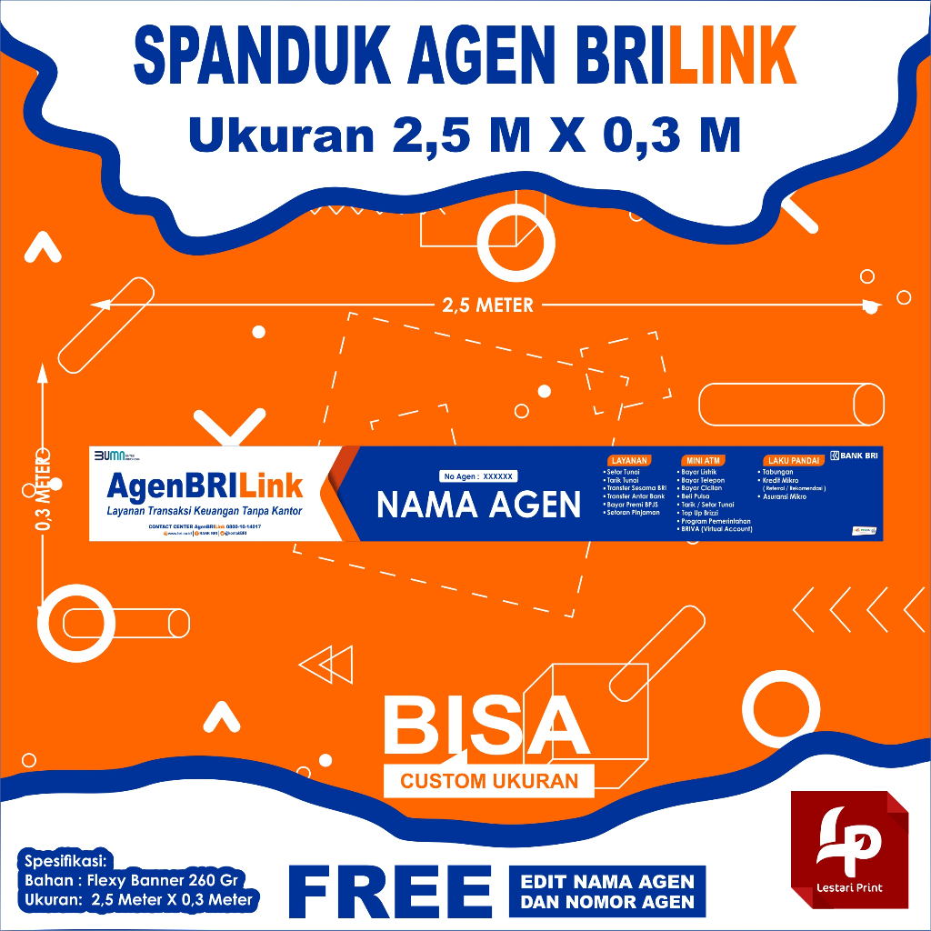 SPANDUK BRILINK 250 CM X30 CM / SPANDUK AGEN BRILINK / BANNER AGEN BRI LINK / LESTARIPRINT