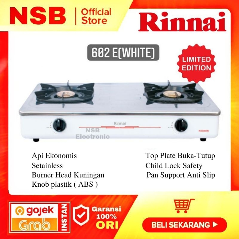 Rinnai RI-602EW Kompor Gas 2 Tungku Setainles Stenlis Putih