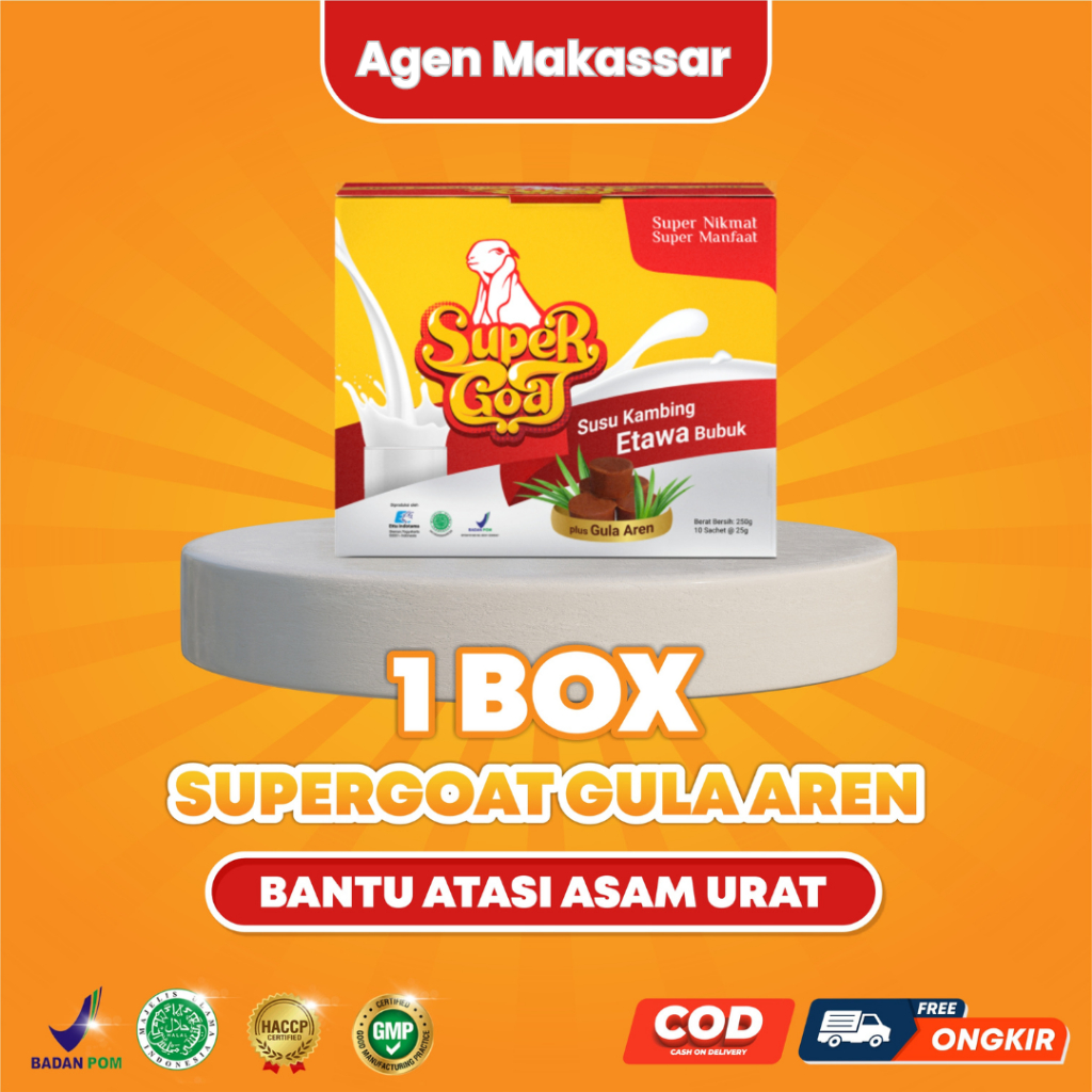 

Susu Kambing Ettawa Bubuk Supergoat Menu Sehat dengan Tambahan Manis Gula Aren 10 Sachet @ 250gr BPOM HALAL Plus Gula Aren Tanpa Bahan Pengawet