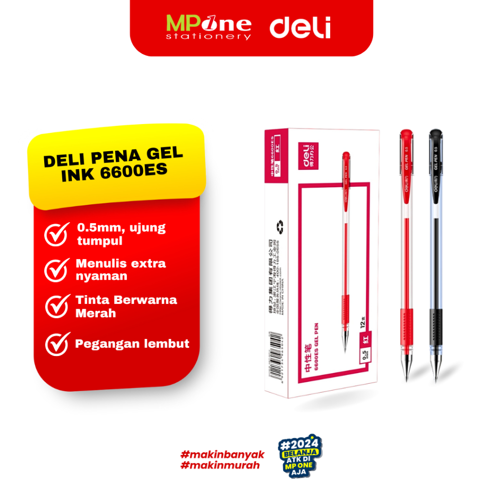 

(1 PCS) DELI Pena Gel Ink Tinta Merah/Hitam 6600ES/ Pulpen Tinta Gel Merah hitam 0,5mm