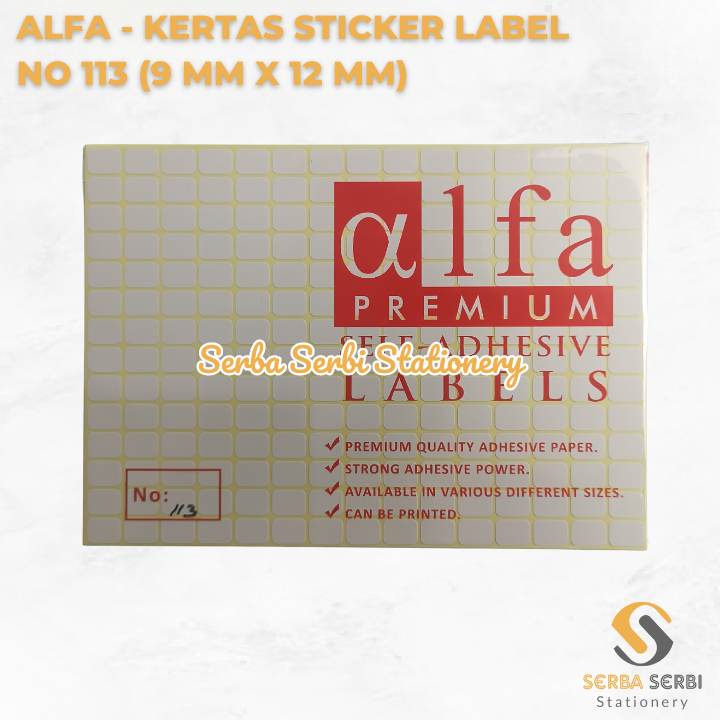 

(1 PAK ISI 7 LEMBAR) ALFA - KERTAS STICKER / STIKER LABEL HARGA / NAMA / UNDANGAN NO 113 (9 MM X 12 MM)