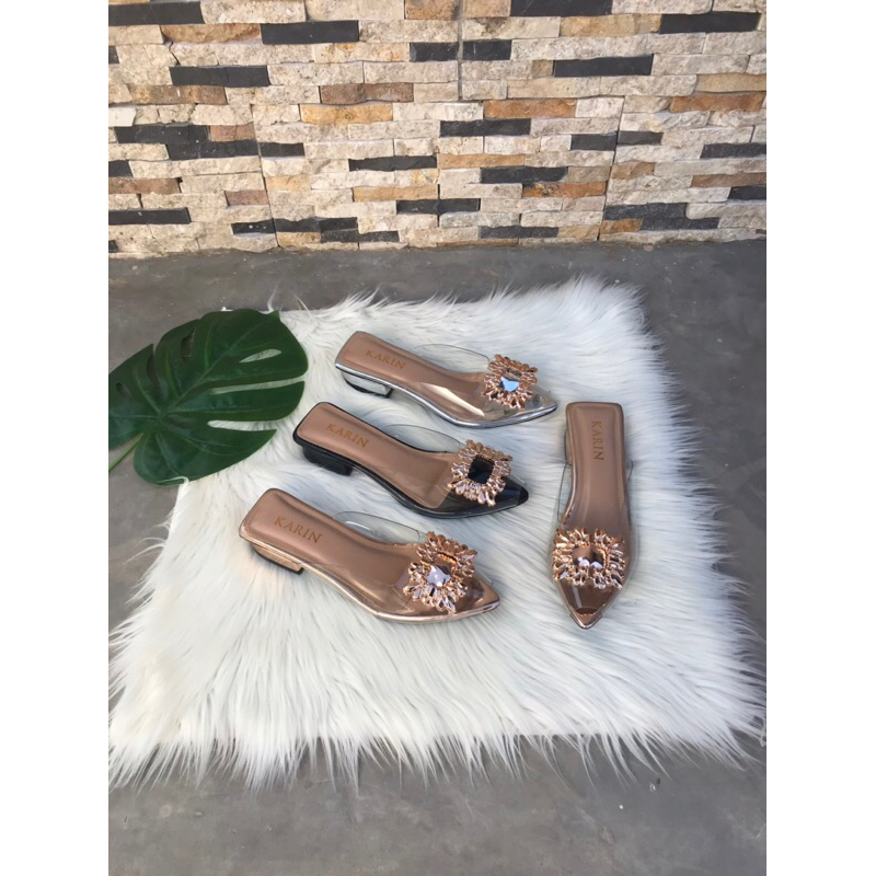 (TB 333) Sepatu Flat Bening transparan Clona Tumit tahu teplek santai 3 cm