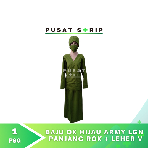 Baju OK Hijau Army Lengan Panjang Baju Leher V Rok