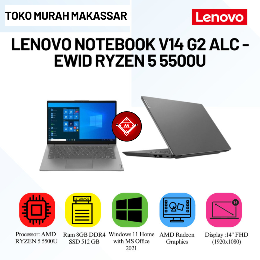 Laptop Lenovo V14 G2 Alc-Ewid Ryzen 5 5500U - 8GB DDR4 Ssd 512Gb - Amd Graphics