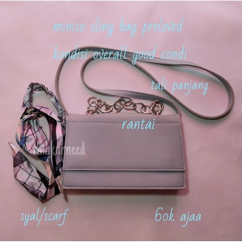 [PRELOVED] sling bag tas selempang miniso biru muda rantai syal scarf original