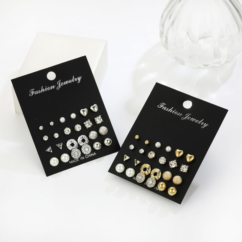[DWCORNER] Anting Anting Set Isi 12 Pasang Anting Fashion Wanita Aksesosis Anting Mutiara Emas Perak