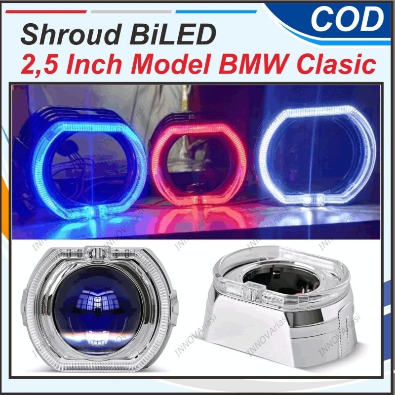 SHROUD BILED BMW KLASIK ANGEL EYES PROJECTOR 2,5 INCH RING BODY SILVER PNP