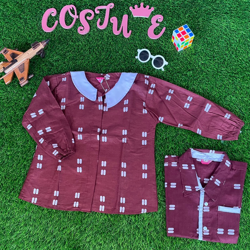 Batik Costume Couple Blouse Batik Kemeja Anak Rain Jumputan Maron Kerah Putih Bagus Batik Anak Lenga