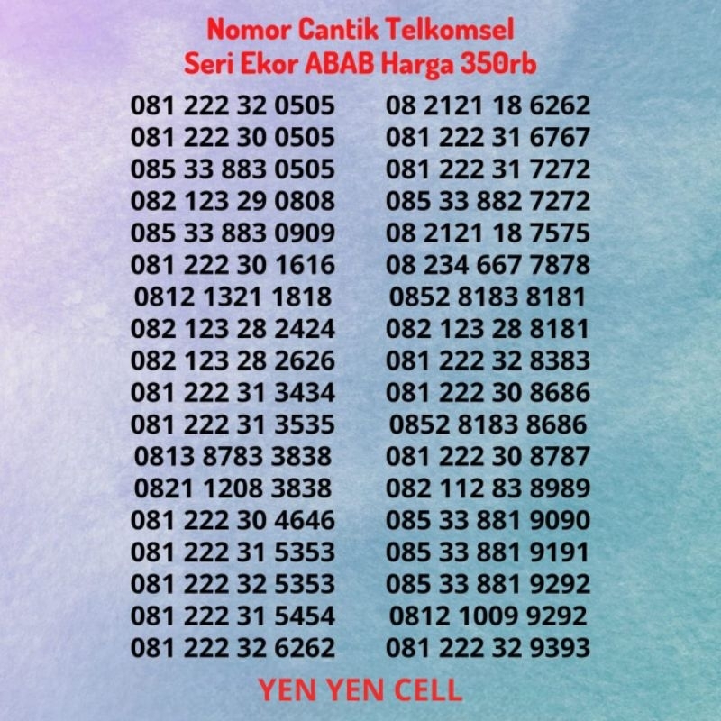 Nomor Cantik Kartu Perdana Telkomsel Seri Akhiran Ekor ABAB Belakang Versi @350K Simpati Buntut 0505