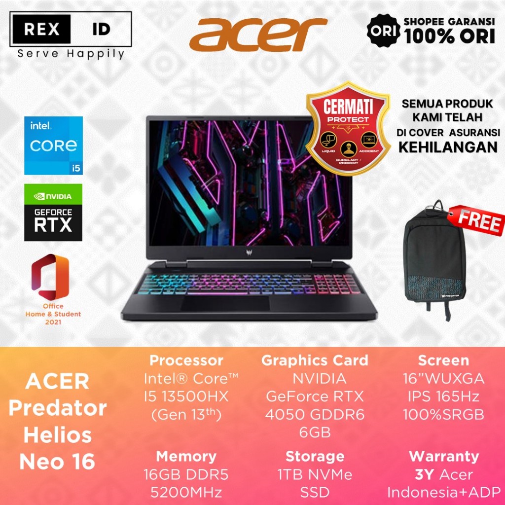 Acer Predator Helios Neo 16  RTX4050 6GB Core i5-13500HX 16GB 1TB 16.0"WUXGA 165Hz SRGB%100 Windows 11 + Office Home Student