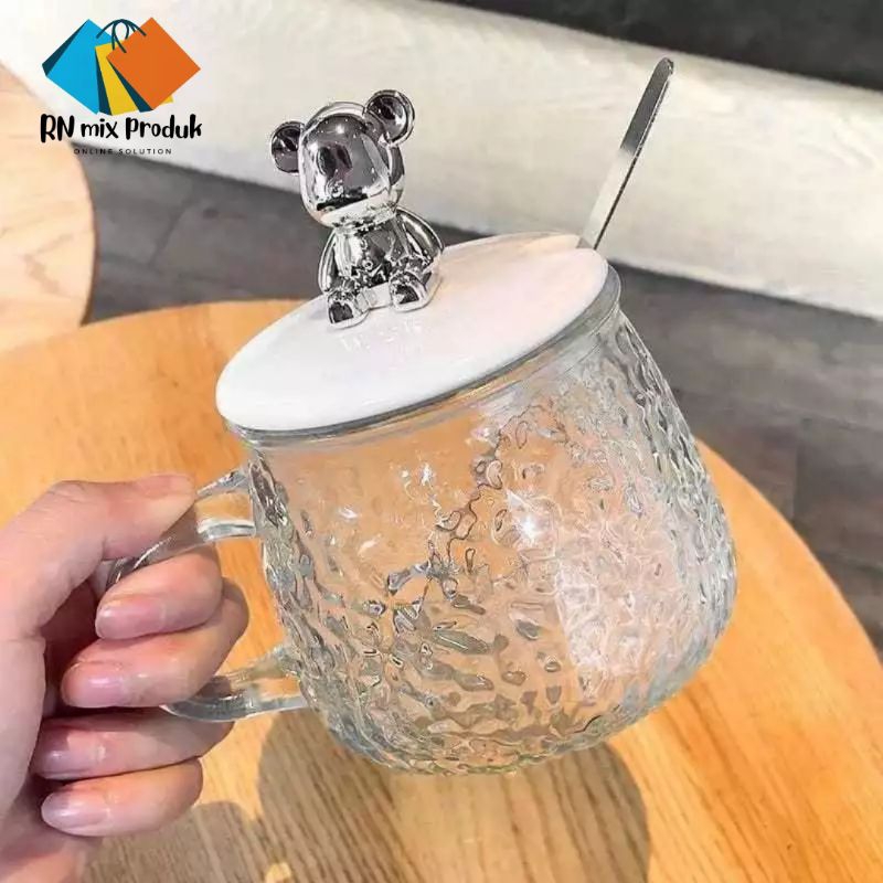 Gelas Kaca/Mug Tutup Beruang Dengan Sendok/Gelas Kopi/Gelas Susu/Gelas Teh/Mug Kaca/