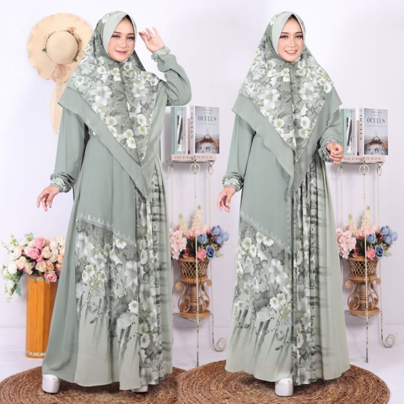 Gamis Syari Ceruty Kombinasi Motif Kembang Saroski Manik By Raysah