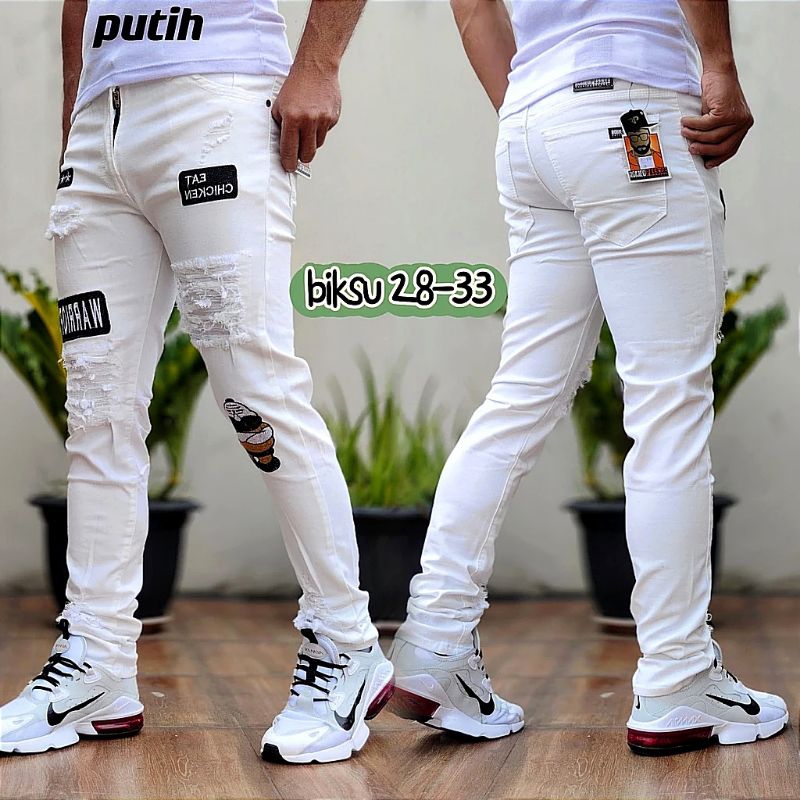 Celana Pria Jeans White Sobek Emblem Ripped Stretch