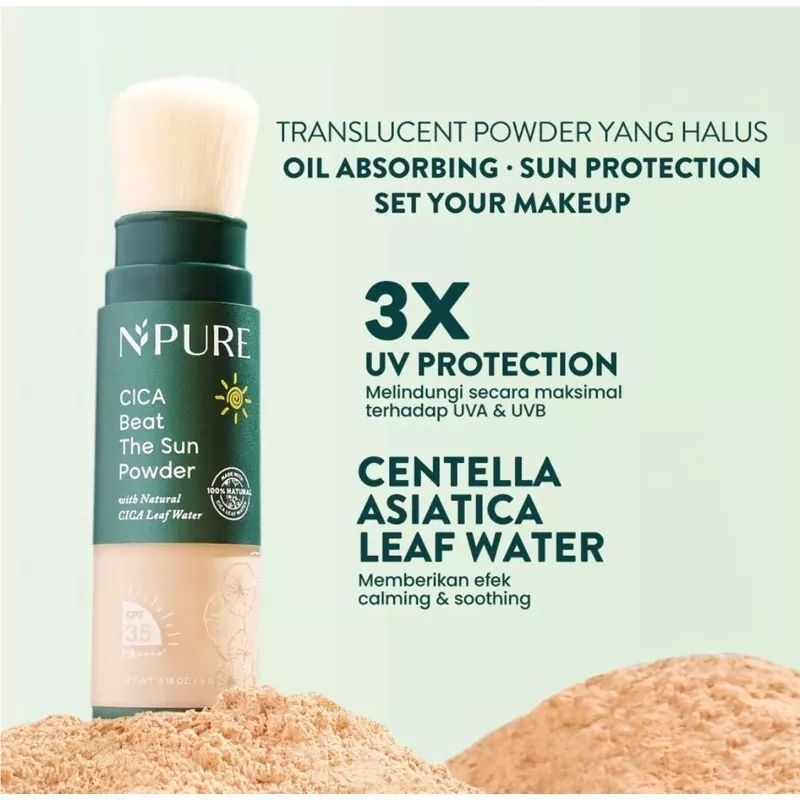 NPURE Sunscreen Powder Cica / Beat the Sun Powder / Sunscreen Bedak & Brush / Bedak Bebas Kilap Miny