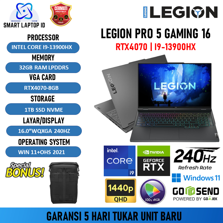 Laptop Baru Gaming Lenovo Legion Pro 5 16 I9 13900HX RTX4070 8GB/ 32GB 1TB W11+OHS 16.0WQXGA 240HZ