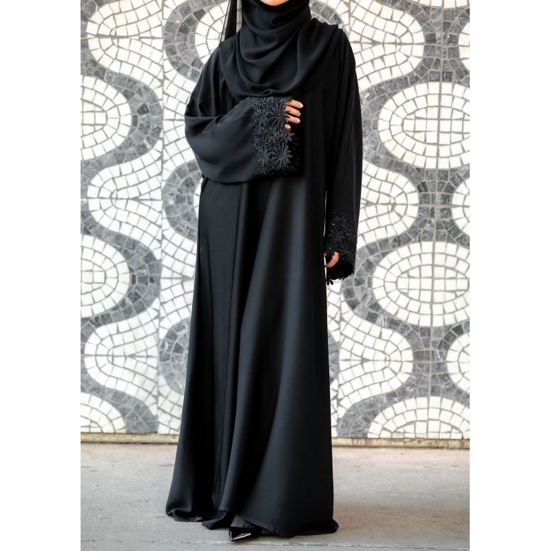 Mecca Abaya dress abaya polos black & putih mix lace busui