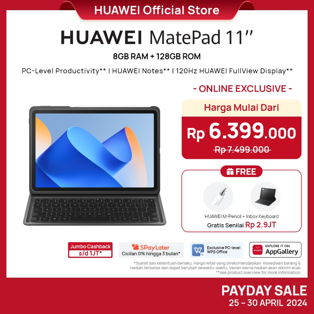 HUAWEI MatePad 11" [8GB RAM+128GB ROM] | PC-Level Productivity | 120 Hz 2.5K FullView Display | HUAWEI M-Pencil 2.0