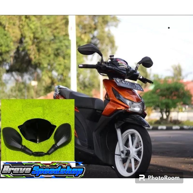 Paket variasi visor bahan akrilik plus kaca spion click thailand hitam polos pnp beat karbu lama bea