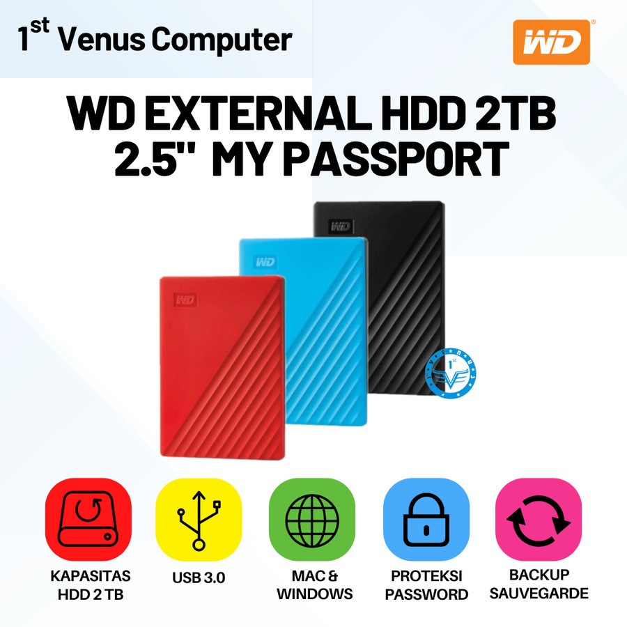 WD MY PASSPORT HARDISK HDD EKSTERNAL EXTERNAL 2TB USB 3.0 2.5 Inch / HDD08-WD / GARANSI RESMI ORIGIN