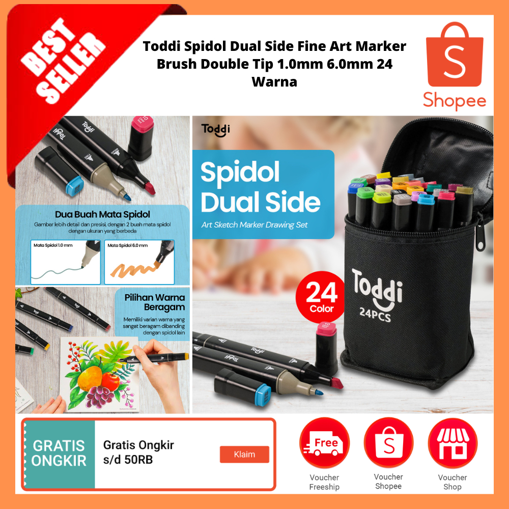 

Spidol Dual Side Fine Art Marker Brush Double Tip 1.0mm 6.0mm 24Warna / Set seni spidol kepala ganda
