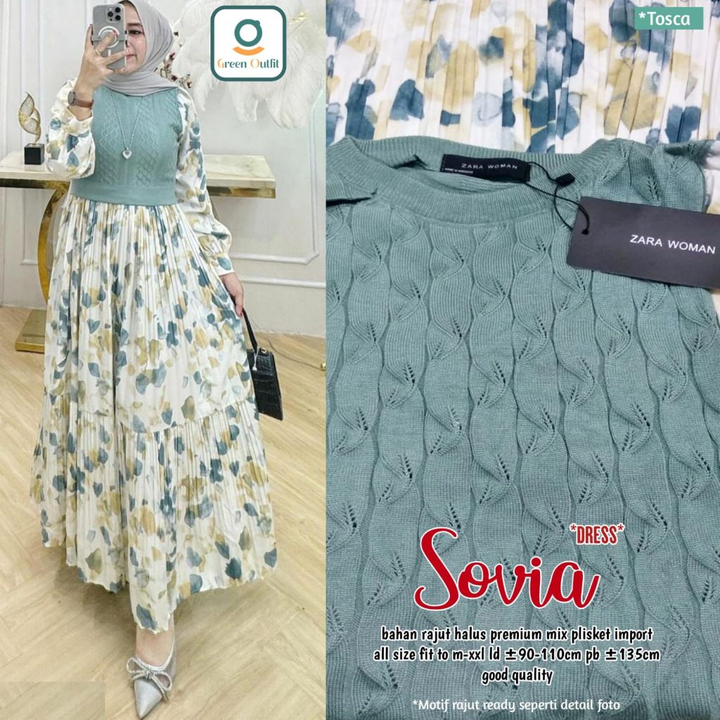 sovia dress dres maxy maxi pakaian baju gamis pesta lebaran bahan rajut plisket import adem melar wa