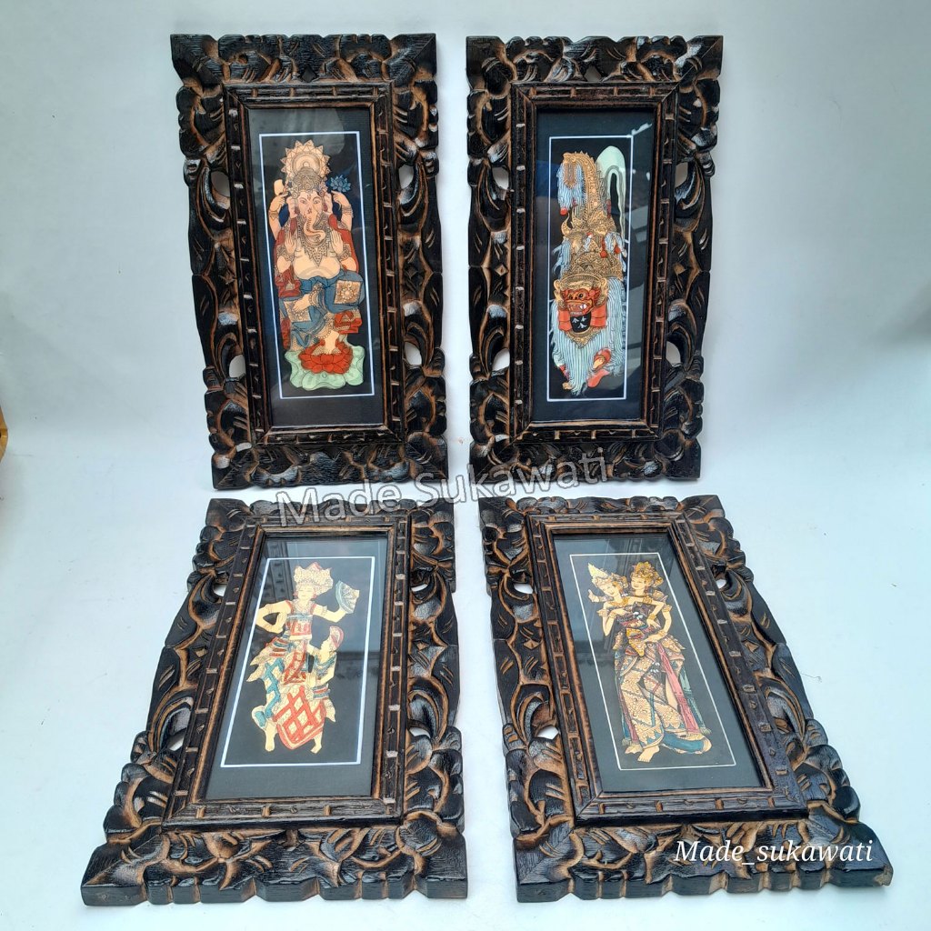 Hiasan dinding lukisan bali dengan bingkai ukiran kayu lapis kaca