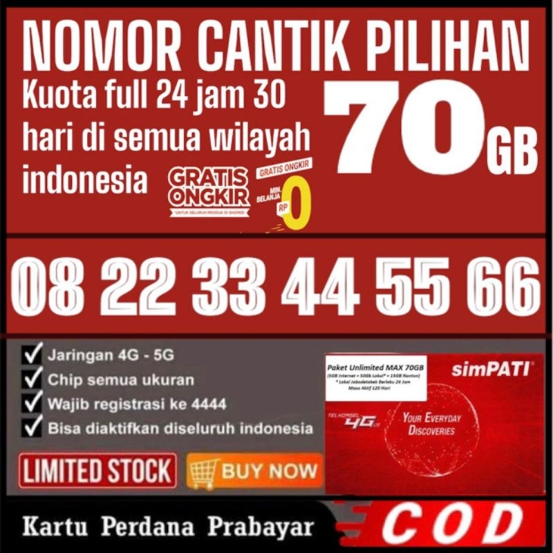 Nomor simPATI Cantik Banyak Bonus kouta 70 GB , Nomor Telkomsel Pilihan, kartu prabayar support jaringan 3G 4G 5G bisa di aktifasi di semua wilayah Indonesia.