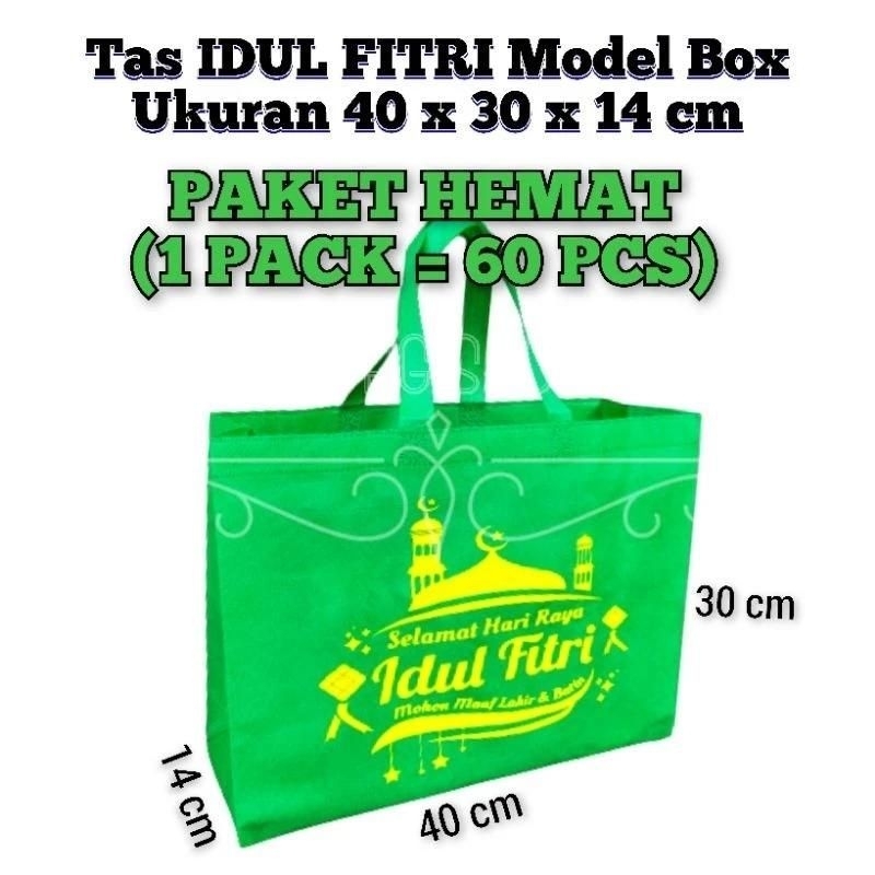 

(1 PACK = 60 PCS) Goodie Bag Tas Spunbond IDUL FITRI Model Box 40x30x14 cm / Tas Box Souvenir / Tas Hajatan / Goodie Bag / Tas Hampers / Shopping Bag / Tas Promosi / Tas Seminar