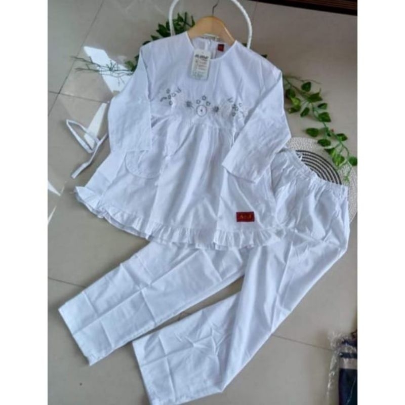 setelan baju muslim putih katun bordir anak perempuan A&J