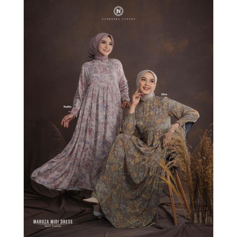 TEBUS MURAH ‼️ MAROZA MIDI DRESS by NADHEERA LUXURY | Gamis Rayon Premiun Motif Bunga