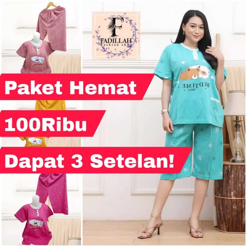 Paket Hemat 100 Ribu Dapat 3 Setelan Baju Tidur Piyama Kulot Wanita Dewasa Motif Terbaru 2024