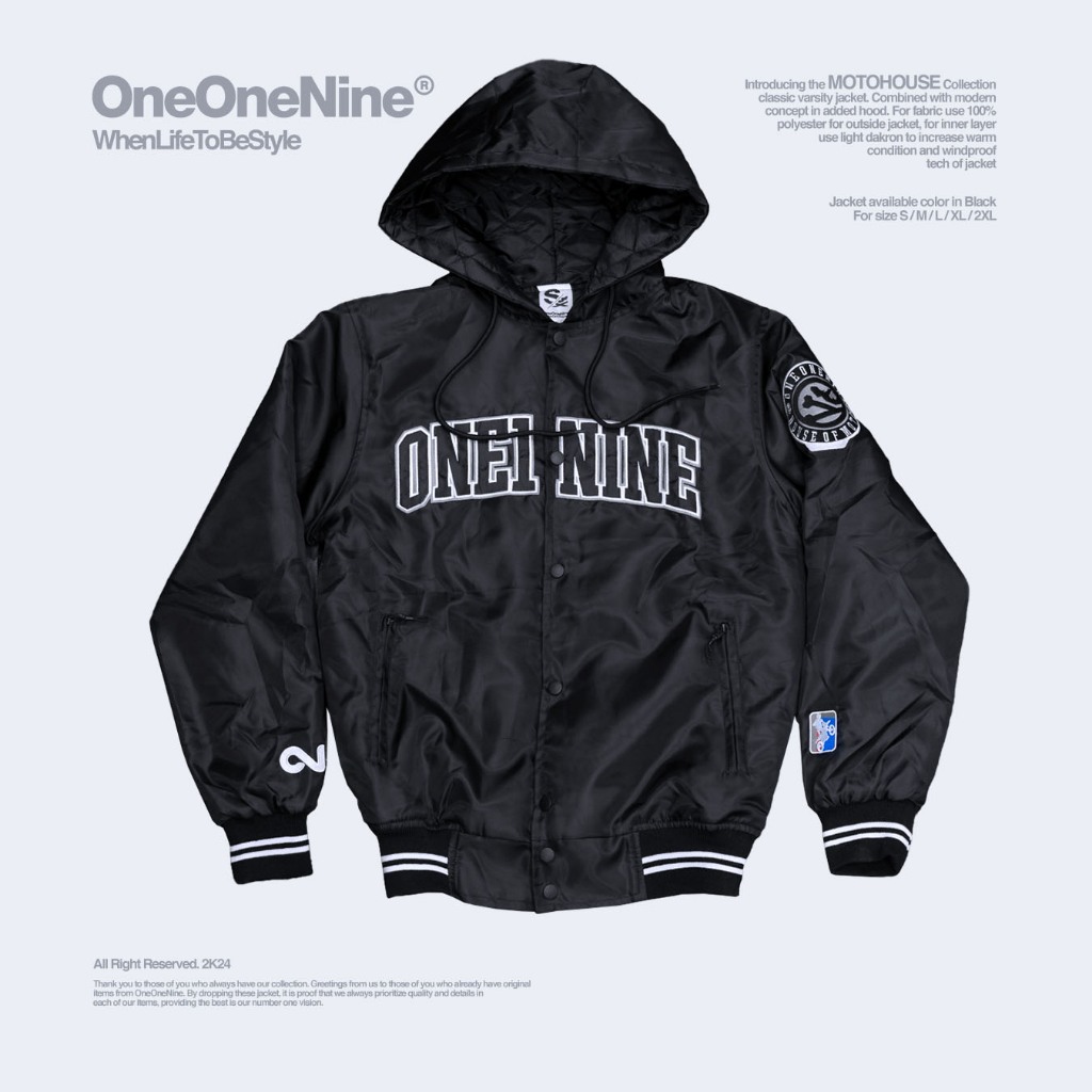 Oneonenine Ksr Jaket Varsity House Of Moto Black - Jaket Motor Sport Parasut Bordir