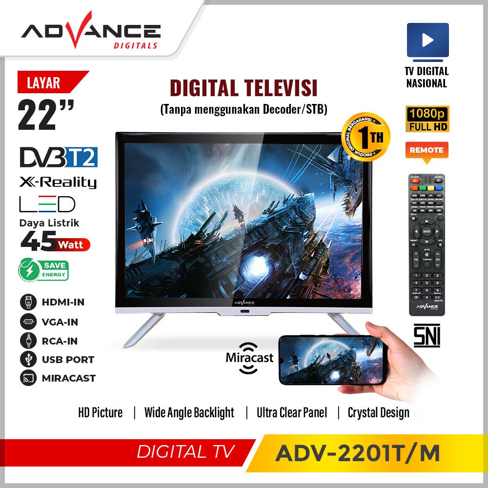 ADVANCE ADV-2201 Televisi Led Digital TV 22 Inch Crystal Design Full HD TV DVB T2 Support USB Movie 