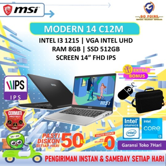 MSI Modern 14 2023 C12M Intel i3 1215 Ram 8Gb SSD 512Gb Win Full HD IPS Backlite