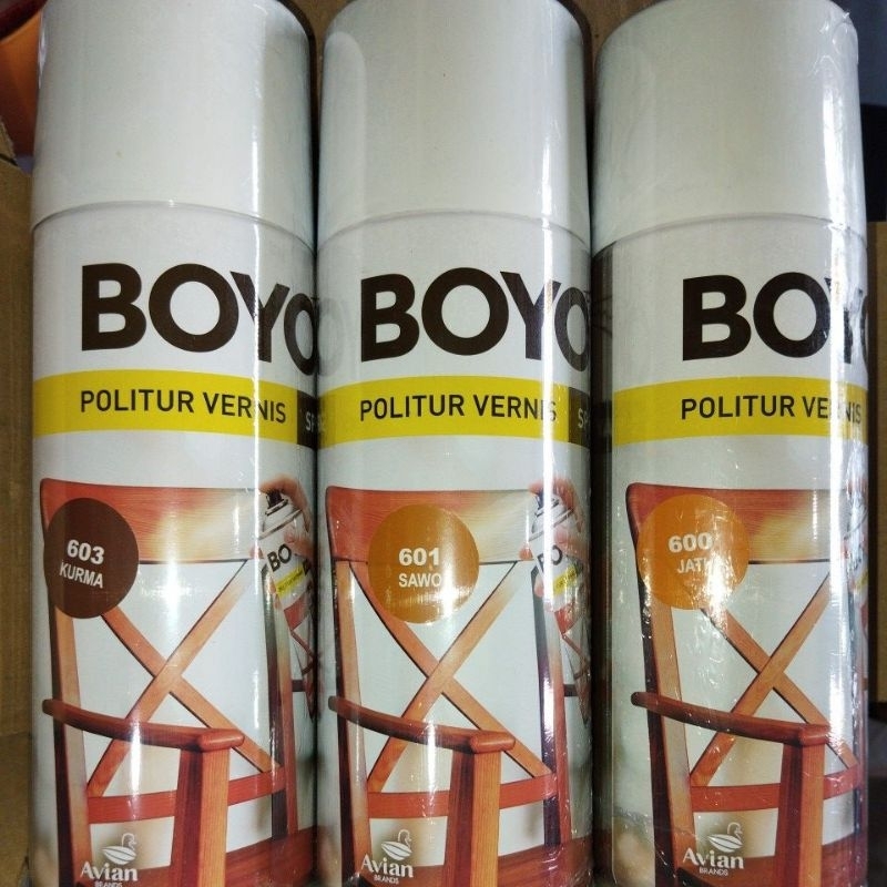 Cat semprot kayu perabot/Politur vernis spray 400cc BOYO Avian warna Jati, Manggis, Sawo, kurma