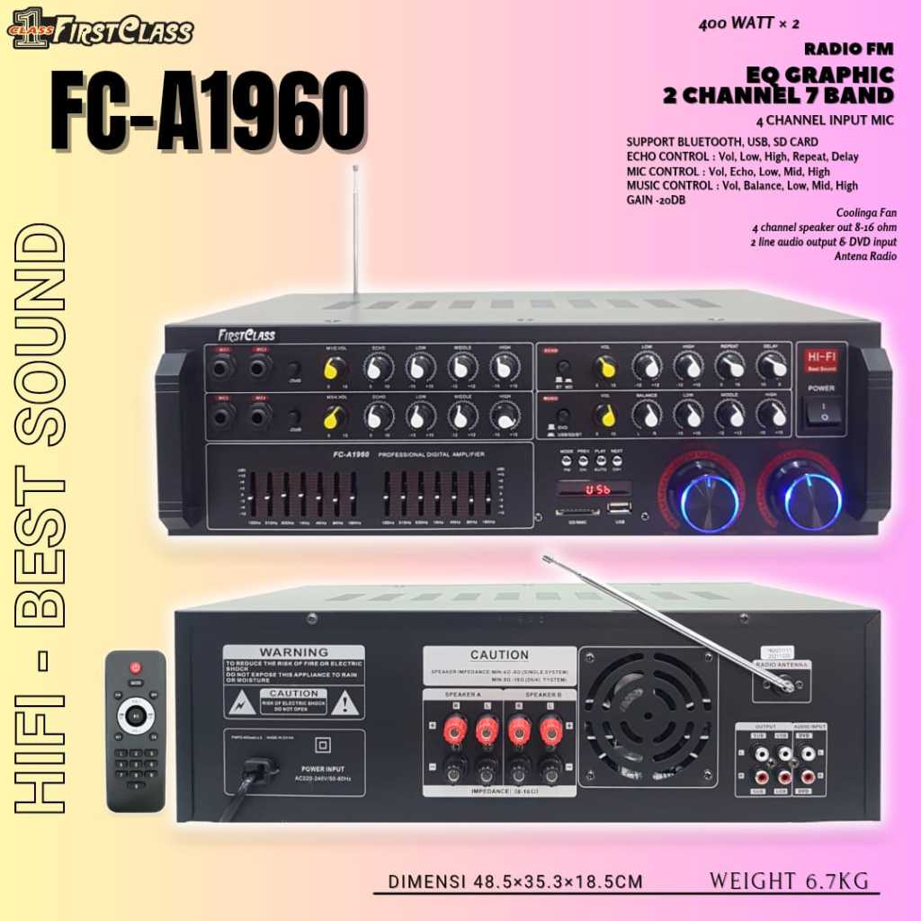 Ampli / Amplifier / Amplifier Karaoke / Amplifier Digital Karaoke / Power Amplifier Bluetooth USB FM MIC FIRSTCLASS FC - A1960