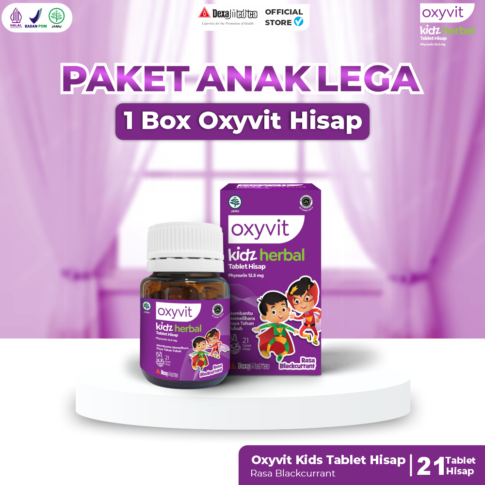 

Paket Lega Oxyvit Herbal Kidz - Vitamin Hisap Pernafasan Anak @21 Tablet Hisap Rasa Blackcurrant