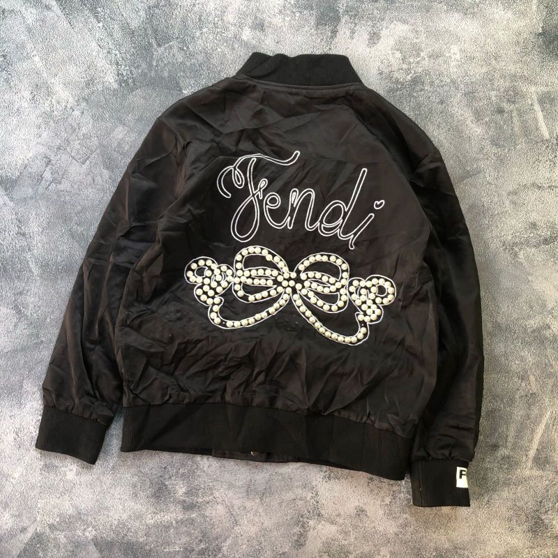 Fendi Black Pearls Bow Back Bomber Jacket luxury