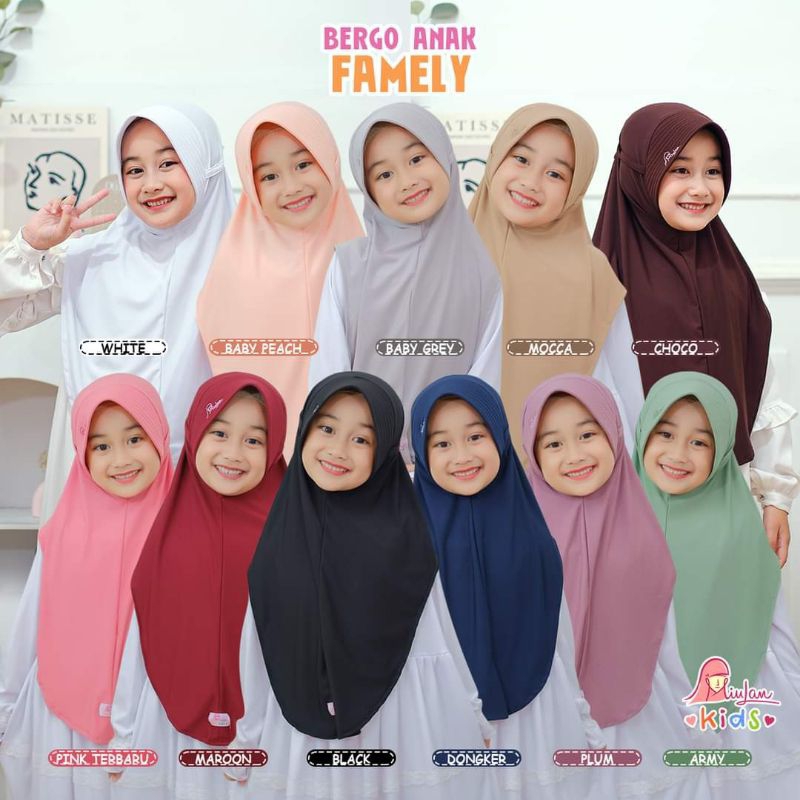Bergo Anak Syari Miulan Anak Famely Hijab Jersey Polos Tali Samping Kerudung Sekolah Panjang