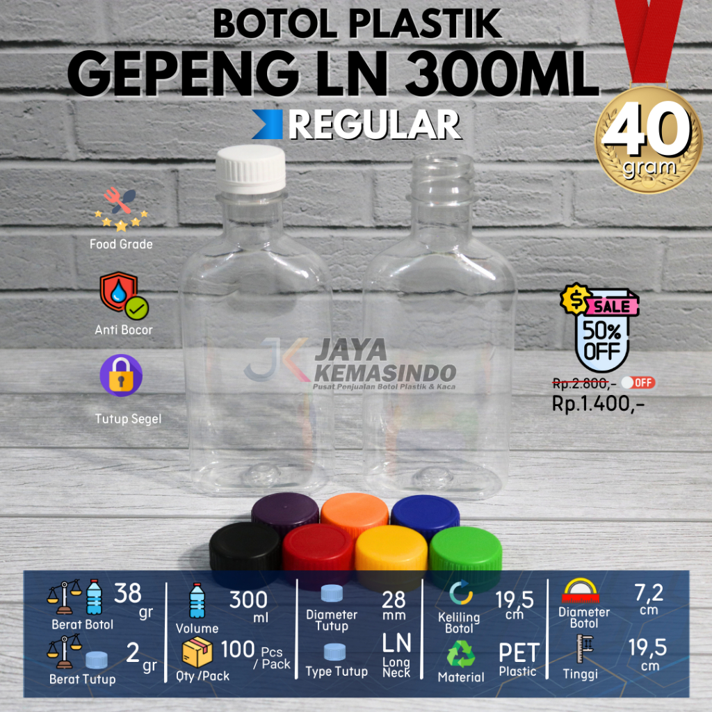 Botol plastik 300ml minuman gepeng tutup LN warna warni
