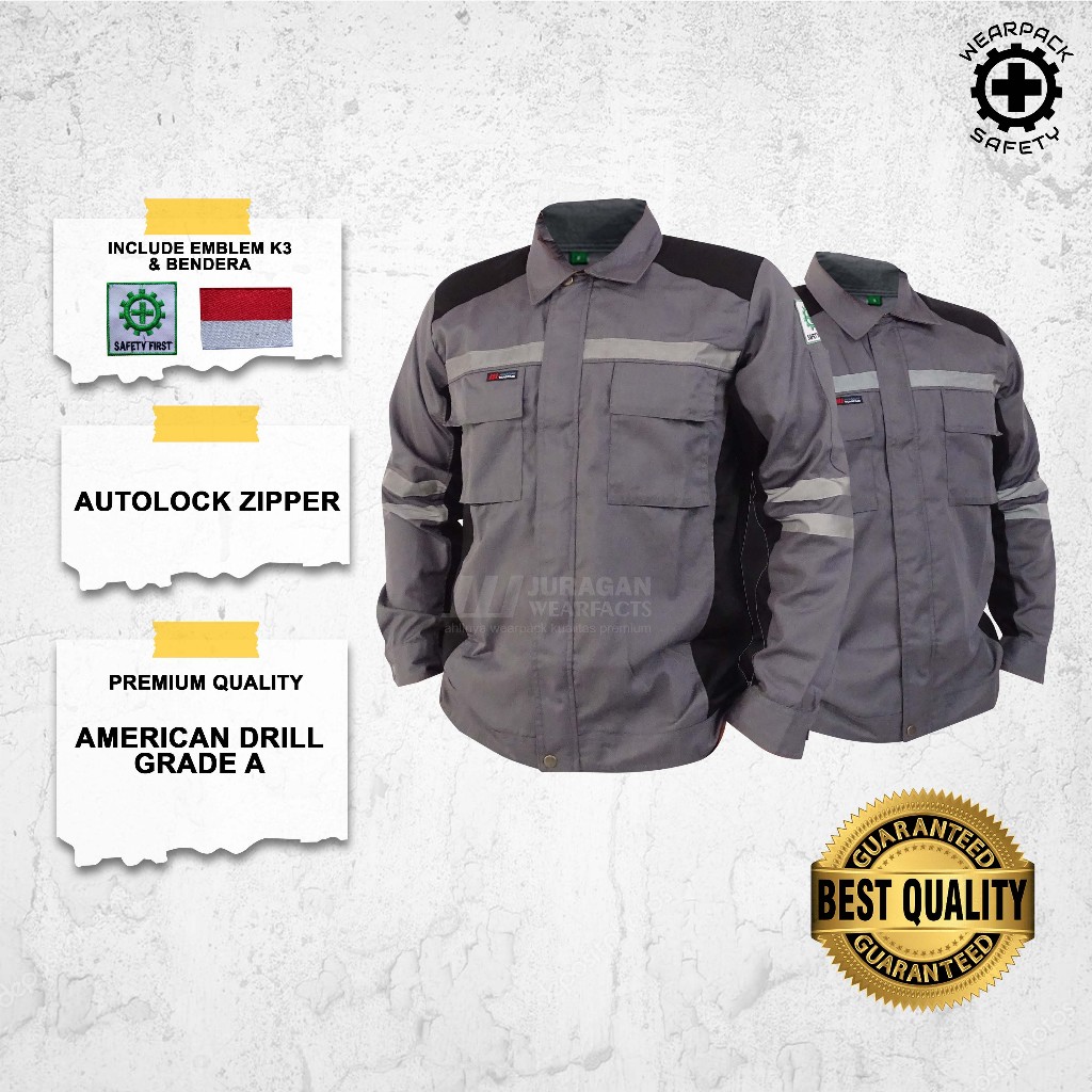 Wearpack Kerja Lengan Panjang / Wearpack Safety Warna Abu-abu Kombinasi Hitam