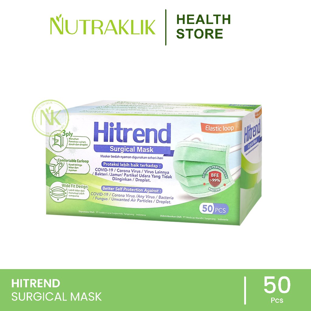 HITREND - MASKER 3Ply - SURGICAL MASK BFE >99% - MEDIS BEDAH ELASTIC LOOP SURGICAL