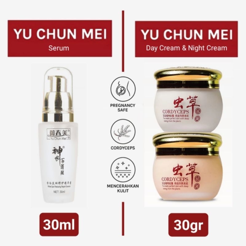 YU CHUN MEI CORDYCEPS Krim Siang, Krim Malam 30gr dan Serum Lightning 30ml Night Cream, Day Cream, S