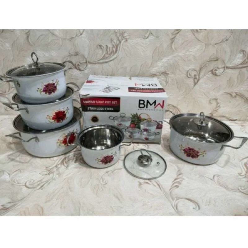 Panci Set High Pot Stainless Motif Kembang Tutup Kaca 5 Susun