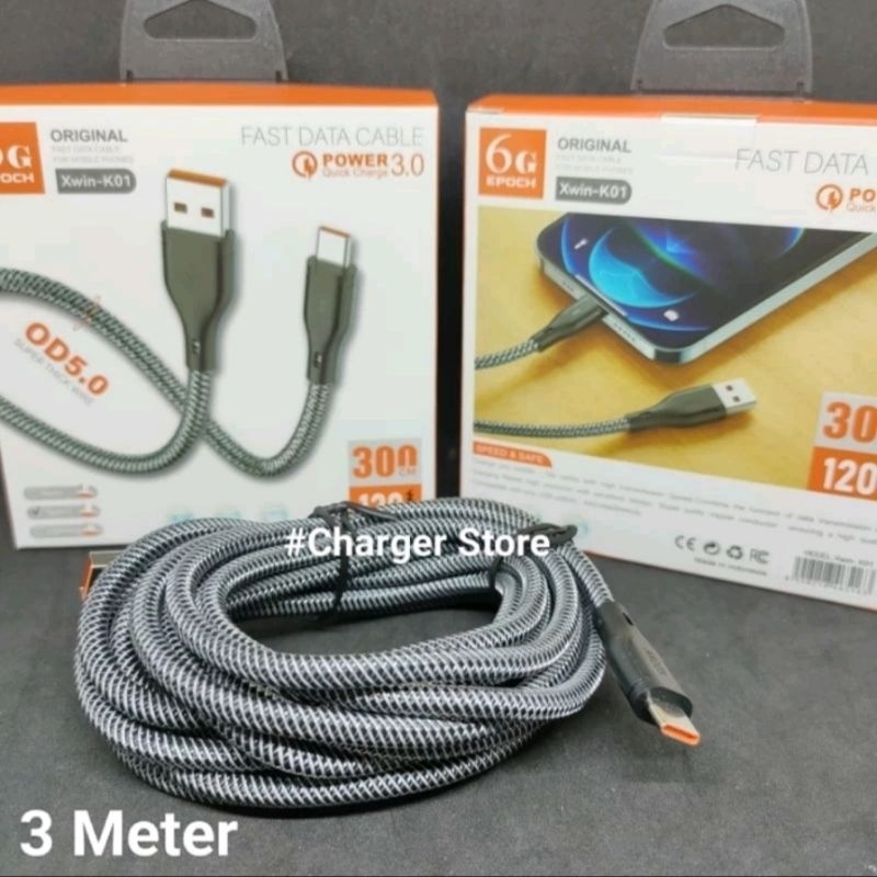 Kabel Charger 3 Meter Tipe C Kabel Data Fast Charging